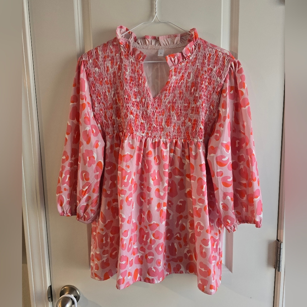 SHEIN Pink & Coral Smocked Peasant Blouse